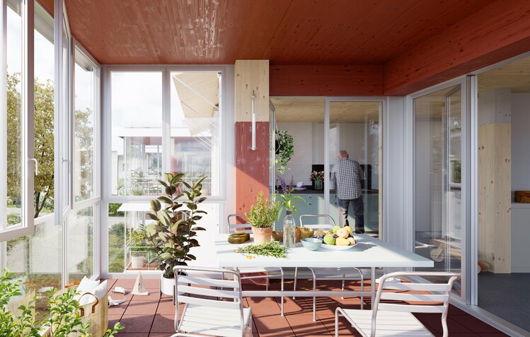 Balkon mit Blick in die Küche Triemli 4 (Visualisierung)