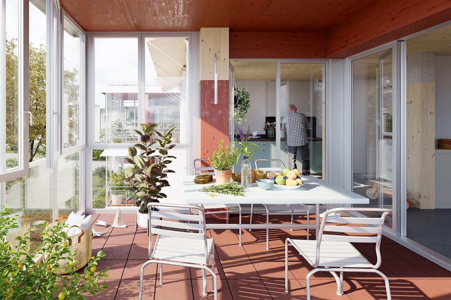 Ersatzneubau Triemli 4 Balkon mit Blick in die Küche (Visualisierung)